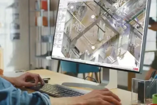 Worker using design software A computer screen displaying a 3D architectural design.